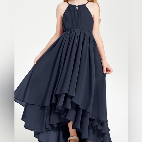 NWT Asymmetrical Chiffon Jr Bridesmaid Navy Dress Halter Spaghetti Straps Size 8 - Picture 1 of 16